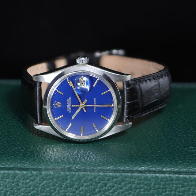 Vintage Rolex Oysterdate Precision 6694 Blue Dial Steel 1977 Leather Strap Watch For Sale - Image 14 of 17