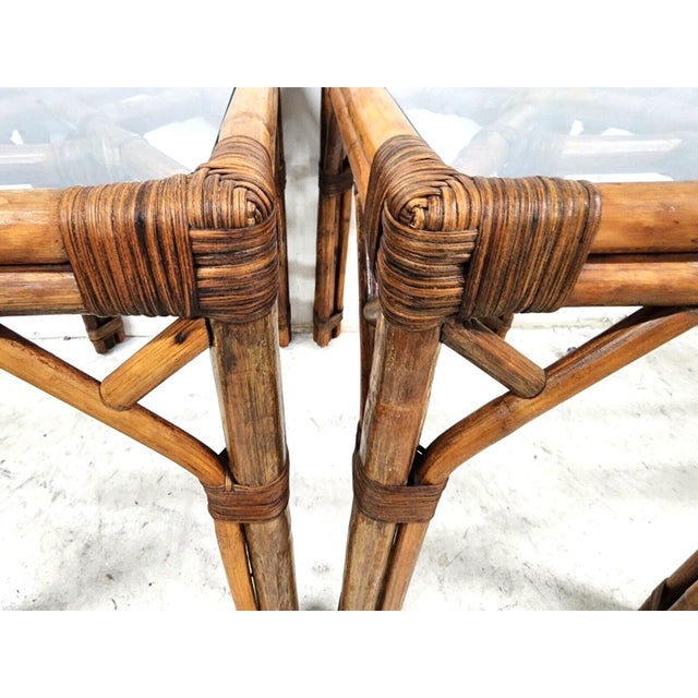 Brown French Bamboo Rattan Glass Side End Tables 1960s - a Pair For Sale - Image 8 of 12