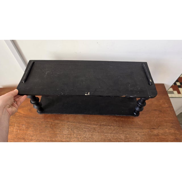 Vintage Wooden Black Tiered Shelf, Turned Spindle Display Stand, Rustic 2 Tier Wall Shelf, Folk Art Wood Rack, Cottage Decor For Sale - Image 13 of 17