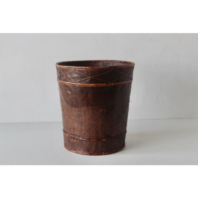 Vintage Handcrafted Burnt "Tortoise" Shell Bamboo Paper Wastebasket. For Sale - Image 11 of 11