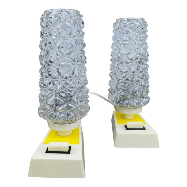 Space Age Bedside Lamps with Yellow Base and Textured Glass, 1970s, Set of 2 For Sale