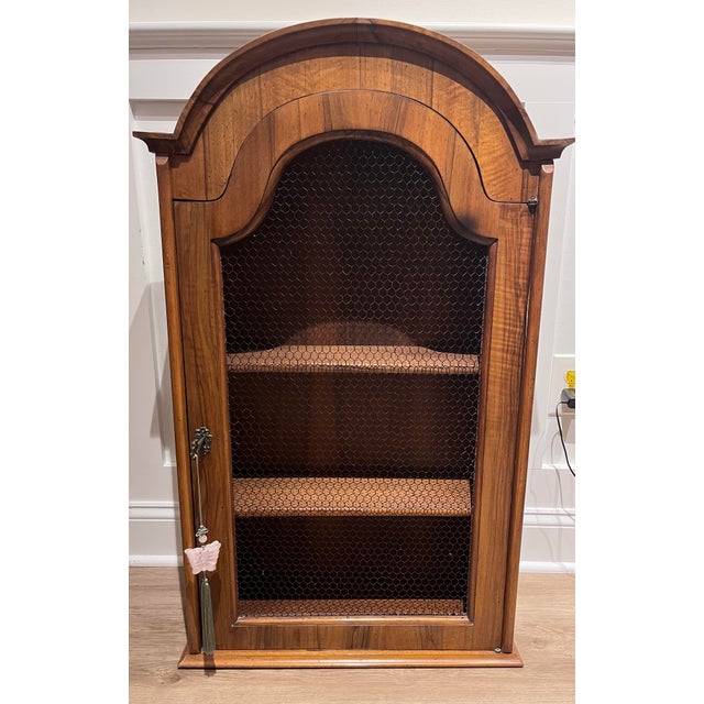 Traditional Early 20th-Century Italian Wood Cabinet With Mesh Wire Door, Lock, Key and Jade Butterfly Tassel For Sale - Image 3 of 12