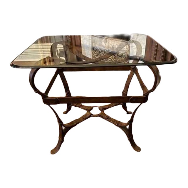 Vintage Table-Rare & Beautiful Equestrian Iron & Glass Side Table Adnet / Hermès Style Bridle Base For Sale