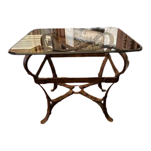 Vintage Table-Rare & Beautiful Equestrian Iron & Glass Side Table Adnet / Hermès Style Bridle Base