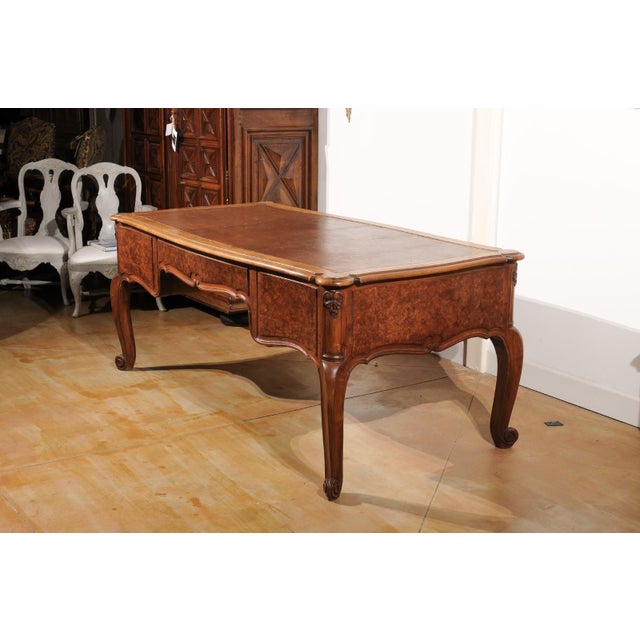 French Louis XV Style 19th Century Burr Walnut and Leather Top Four-Drawer Desk For Sale - Image 11 of 12
