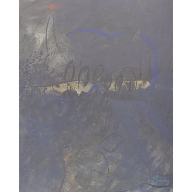 A 1980 abstract gouache painting. Layers of black, blue, and yellow are layered to create a composition with broad...