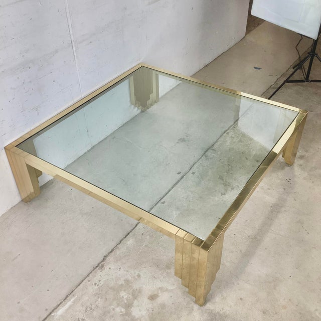 Mid-Century Modern Monumental Vintage Brass & Glass Square Coffee Table, Cityscape Manner, 48 X 48 For Sale - Image 3 of 18