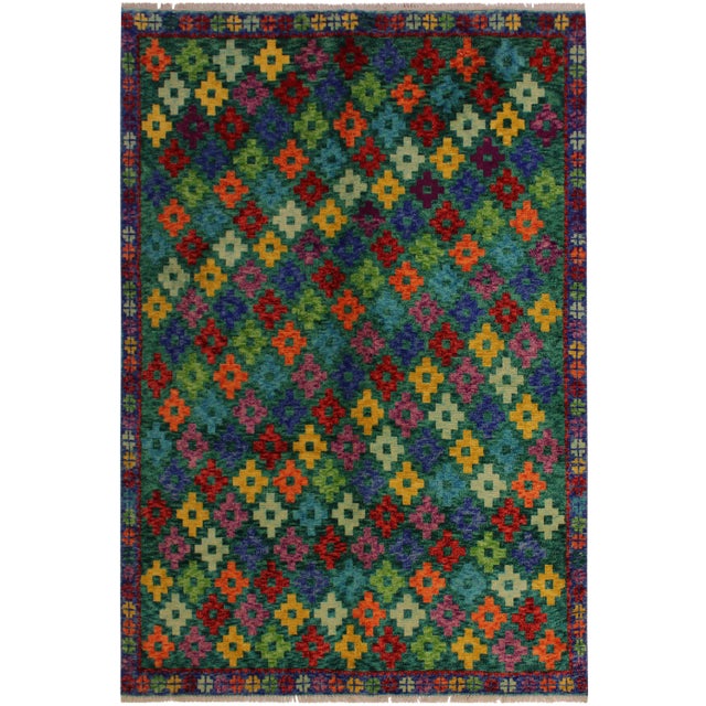 1990s Abstract Tribal Balouchi Green Wool Rug - 4′10″ × 6′6″ For Sale