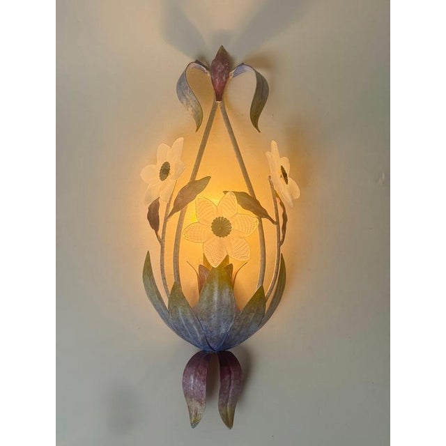 Italian Hollywood Regency Murano Glass Flower Wall Sconces, 1970s, Set of 2 For Sale - Image 15 of 17