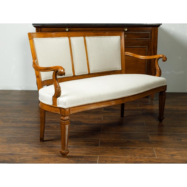 Wood Italian 19th Century Carved Walnut Upholstered Settee with Scrolling Arms For Sale - Image 7 of 9