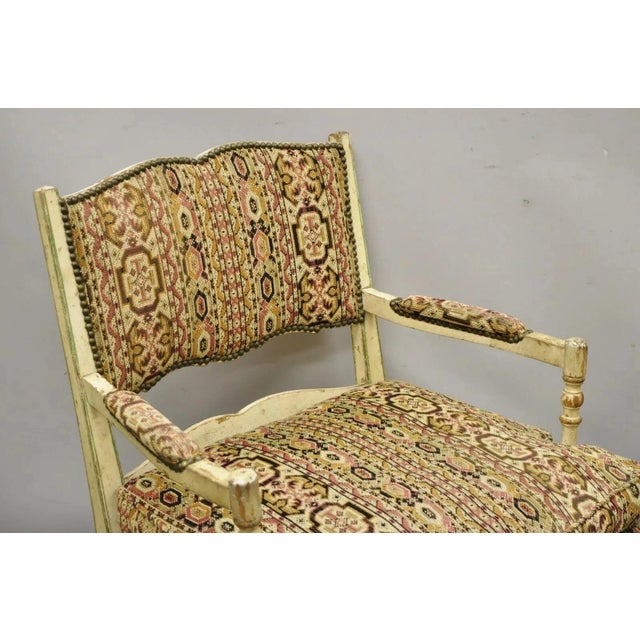 Mid 20th Century Mid 20th Century Vintage French Country Cream Distress Painted Lounge Arm Chairs & Ottoman - 3 Pieces For Sale - Image 5 of 12