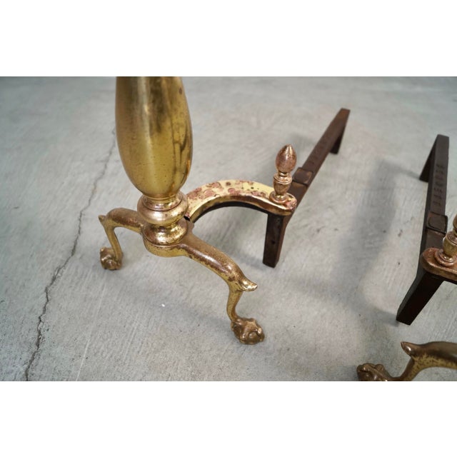 1930’s Solid Brass & Iron Andirons by Bennett - A Pair For Sale - Image 11 of 12