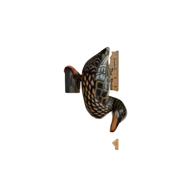 Textile Vintage Hand-Carved & Hand-Painted Wooden Duck Decoy on Display Base American Folk Art For Sale - Image 7 of 7