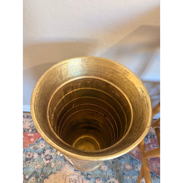 Hollywood Regency Vintage Hammered Brass Lion Head Umbrella Stand For Sale - Image 3 of 8