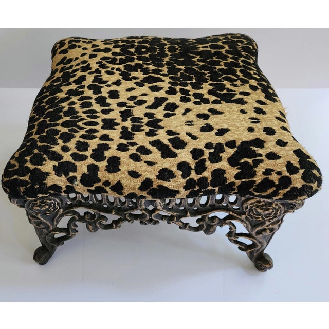 1940s Antique Heavy Gilded Cast Iron Footstool With Cheetah Fabric For Sale - Image 5 of 5