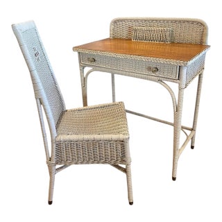 Mid 20th Century Vintage Mid Century Wicker & Wood Top Writing Desk and Chair Set of 2 For Sale