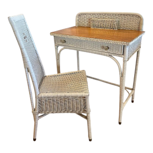 Mid 20th Century Vintage Mid Century Wicker & Wood Top Writing Desk and Chair Set of 2