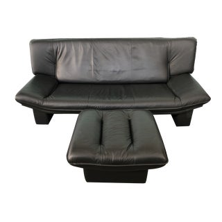 Set of Leather Sofa with Pouf by Nicoletti Salotti for Interline, Italy, 1980s For Sale