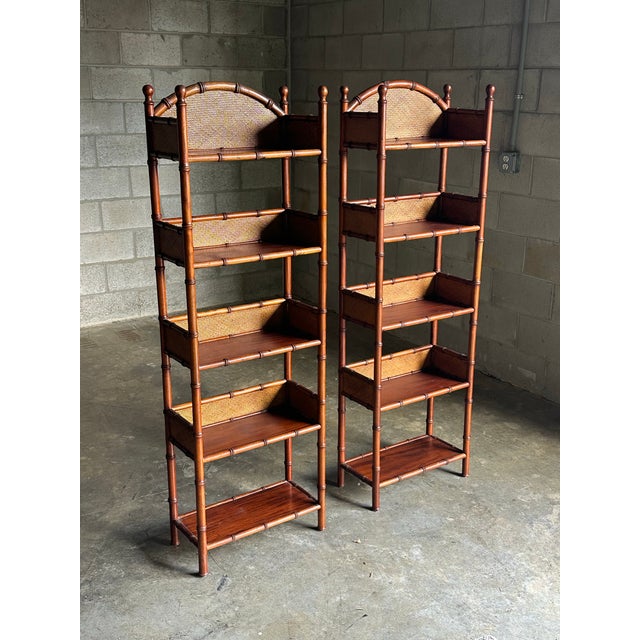 Traditional 1990s British Colonial Faux Bamboo and Rattan Freestanding Shelves or Etageres- A Pair For Sale - Image 3 of 12