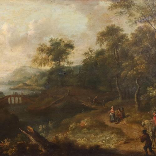 River Landscape with Figures, Oil on Canvas, Framed For Sale - Image 3 of 12