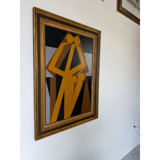 Striking 1996 geometric abstract composition attributed to Leon Wvidar, featuring bold stylized figures rendered in warm...