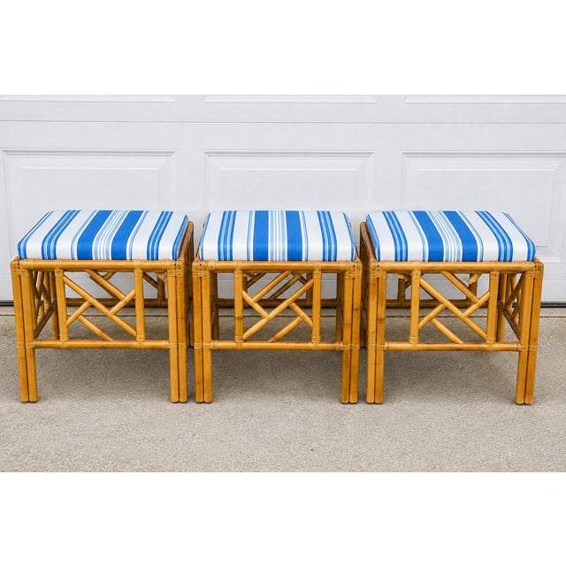 Tan 1970s Chinese Chippendale Style Rattan / Bamboo Ottomans / Tables in Blue and White -S/3 For Sale - Image 8 of 8