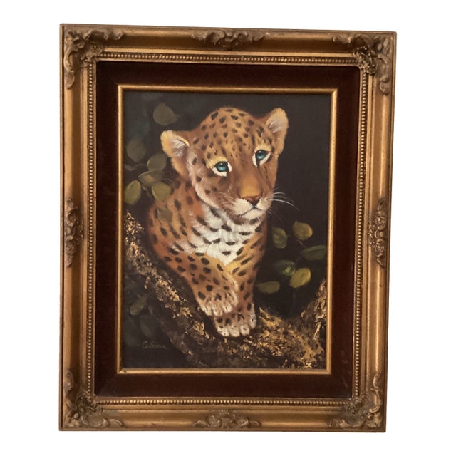 Vintage Wildlife Oil Painting on Canvas "Leopard Cub" Signed Framed For Sale