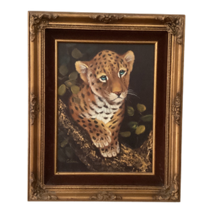 Vintage Wildlife Oil Painting on Canvas "Leopard Cub" Signed Framed