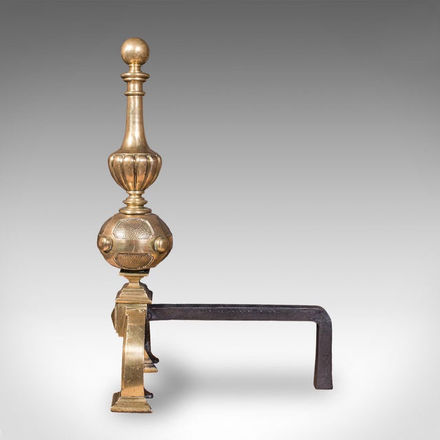 Grand Antique Fireplace Set, English Iron Fire Basket, Brass Andirons, Victorian For Sale - Image 11 of 12