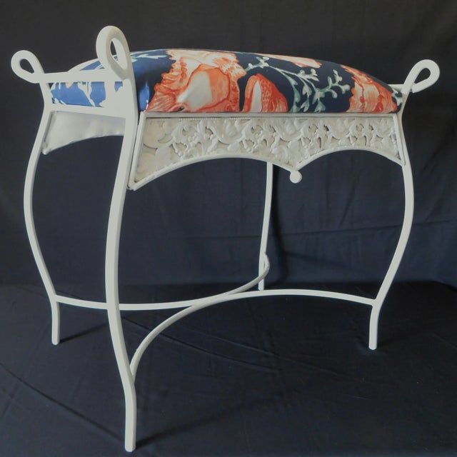 Hollywood Regency Vintage Mid Century White Iron Blue Coral Upholstered Vanity Stool Bench For Sale - Image 3 of 13