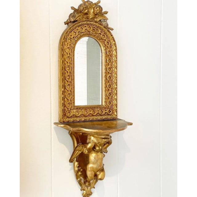 Antique Carved Giltwood Hanging Shelves With Arched Mirror and Putti - a Pair For Sale - Image 4 of 11