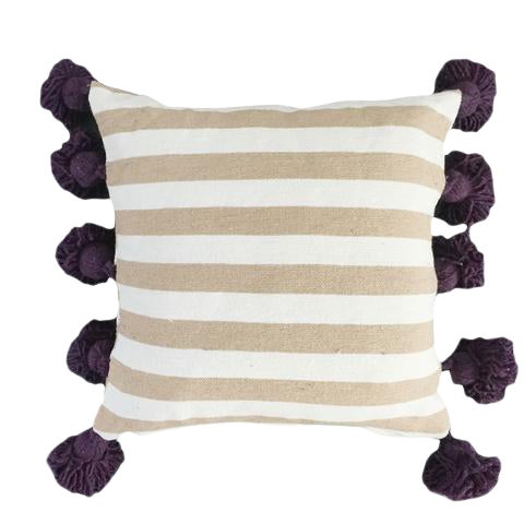 Beige & Eggplant Pompom Pillow Cover For Sale