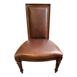 Traditional Walnut Leather Upholstered Dining Side Chair With Brass Nailhead Trim For Sale