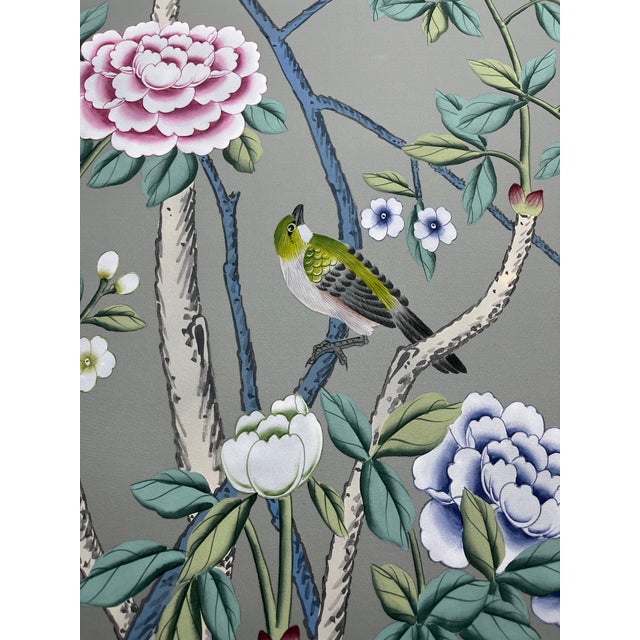 Muted Grey Chinoiserie Mural | 2-Panel Hand-Painted Floral & Bird Wallpaper For Sale - Image 6 of 6