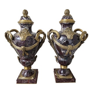 Pair Early 20th C. Louis XVI Style Mottled Lavender Marble and Gilt Bronze Ormolu Covered Urns For Sale