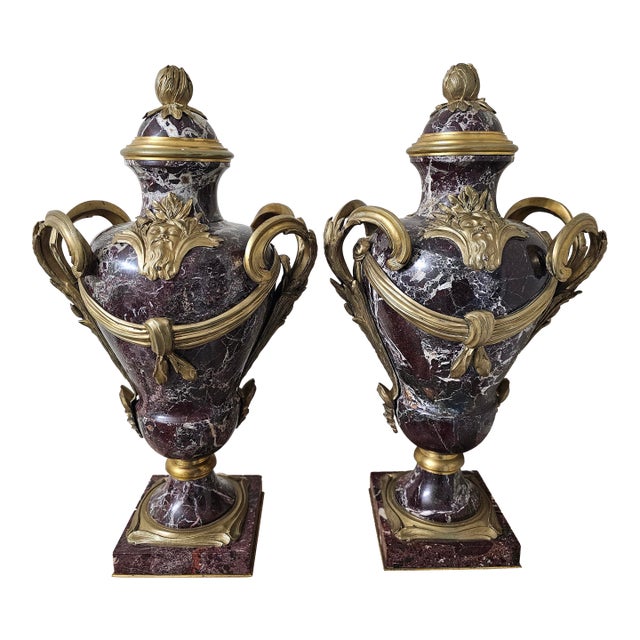 Pair Early 20th C. Louis XVI Style Mottled Lavender Marble and Gilt Bronze Ormolu Covered Urns For Sale