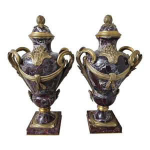 Pair Early 20th C. Louis XVI Style Mottled Lavender Marble and Gilt Bronze Ormolu Covered Urns