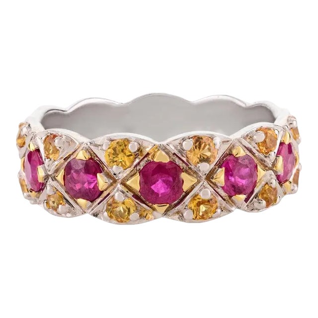 14k White Gold 1.15ct Ruby & Citrine Colorful Chunky Band Ring Size 7 For Sale