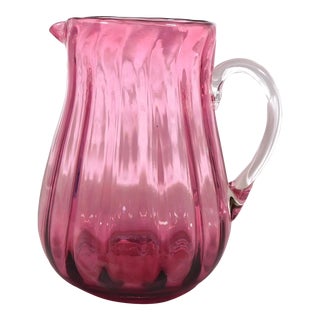 1960s Pink Ribbed Glass Pitcher For Sale
