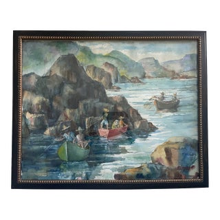 L Hirsch Watercolor Marine Painting Signed Paper Gouache Fisherman Boats For Sale