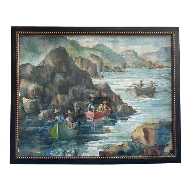 L Hirsch Watercolor Marine Painting Signed Paper Gouache Fisherman Boats For Sale