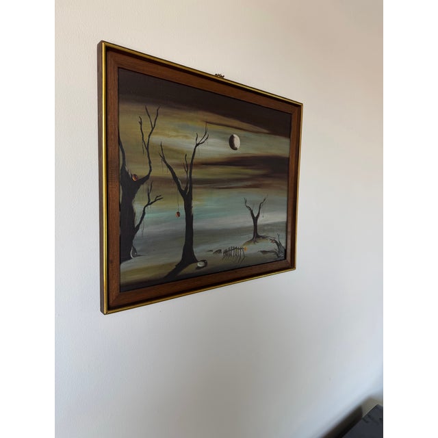 Striking 1969 vintage surrealist landscape painting signed “Geho 69.” The atmospheric composition depicts a haunting...