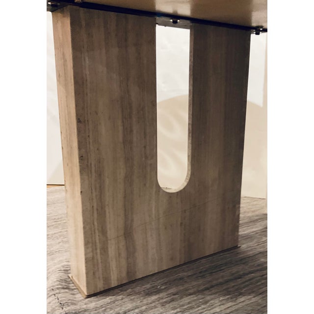 Original retail $6735, stylish Caracole Organic Modern Travertine Emphasis Dining Table, sun drenched oak finished top,...