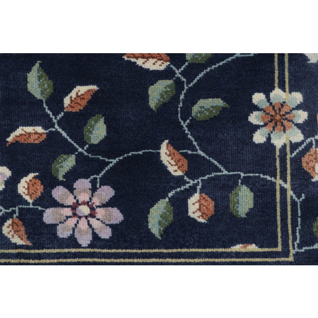 Art Deco Rug & Kilim’s Chinese Art Deco Style Rug, Navy Blue Ground and Floral Patterns For Sale - Image 3 of 5