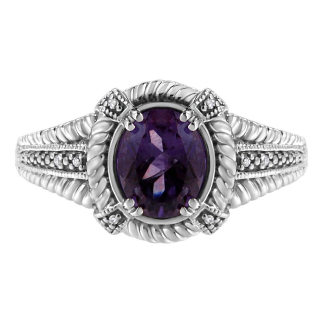 .925 Sterling Silver Prong Set Natural Oval Shape 9X7 MM Purple Amethyst Solitaire and Diamond Accent Ring (I-J Color, I1-I2 Clarity) - Ring - Size 8 For Sale
