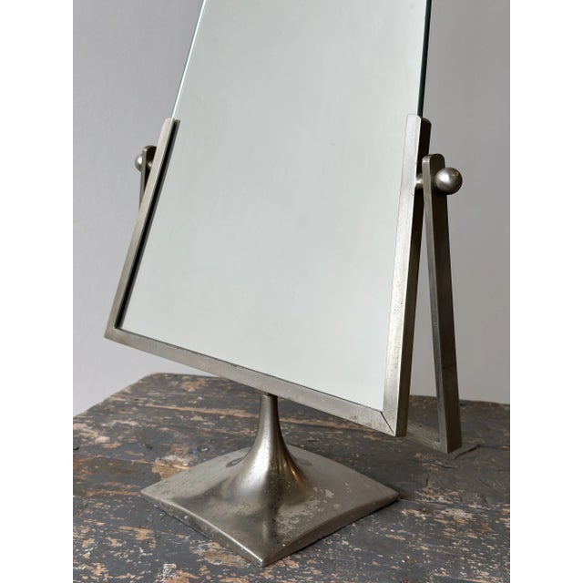 1960s Vintage Modernist Vanity Mirror With Angular Brushed Steel Frame and Trumpeted Base, Circa 1950s-60s For Sale - Image 5 of 13