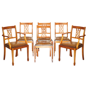 Vintage Hand Dyed Brown Leather Hand Carved Frame Dining Chairs, Set of 6