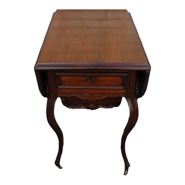 19th C. French Victorian Carved Walnut Drop Leaf Sewing Table For Sale