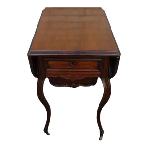 19th C. French Victorian Carved Walnut Drop Leaf Sewing Table
