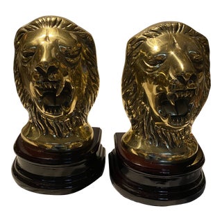 1950s Brass Lion Head on Wood Bookends - a Pair For Sale